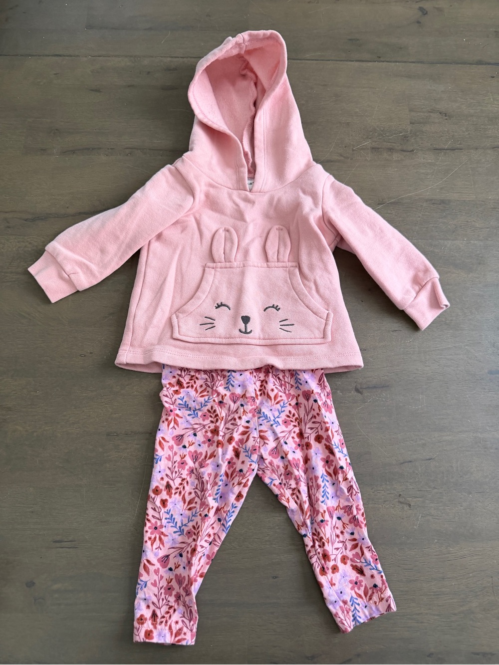 2pc Pink Hooded Bunny Pullover & Floral Leggings Set - 9M